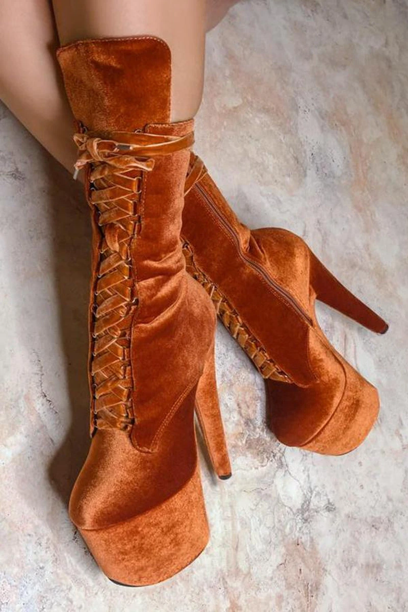 Hella Heels BabyDoll Velvet 7inch Boots - Brandy 4 Hella Heels BabyDoll Velvet 7inch Boots - Brandy - Image 2