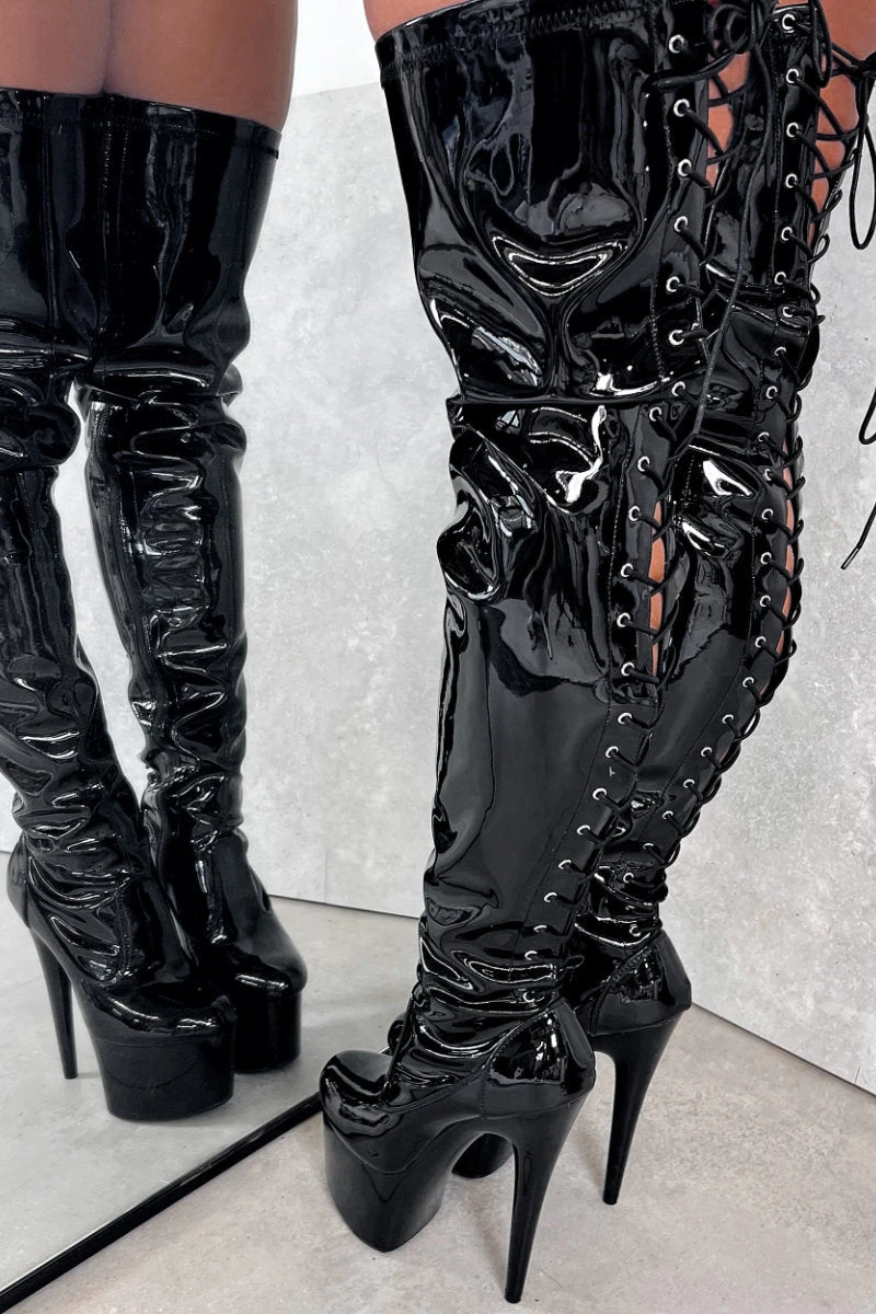 Hella Heels LipKit Thicc Thigh High Back Lace 7inch Boots - Black Beatle 5 Hella Heels LipKit Thicc Thigh High Back Lace 7inch Boots - Black Beatle - Image 3