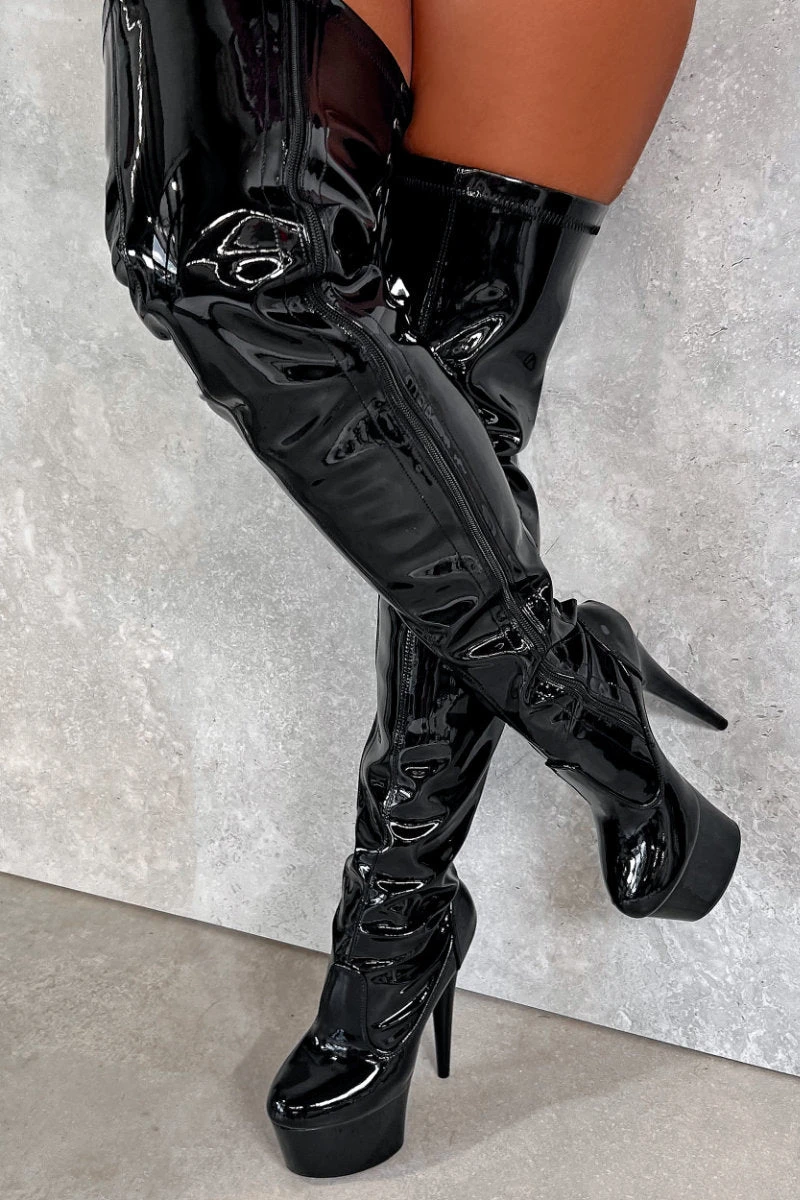 Hella Heels LipKit Thicc Thigh High Back Lace 7inch Boots - Black Beatle 7 Hella Heels LipKit Thicc Thigh High Back Lace 7inch Boots - Black Beatle - Image 5