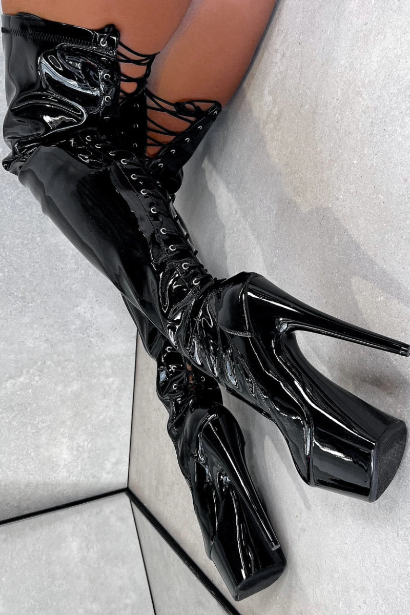 Hella Heels LipKit Thicc Thigh High Back Lace 7inch Boots - Black Beatle 4 Hella Heels LipKit Thicc Thigh High Back Lace 7inch Boots - Black Beatle - Image 2