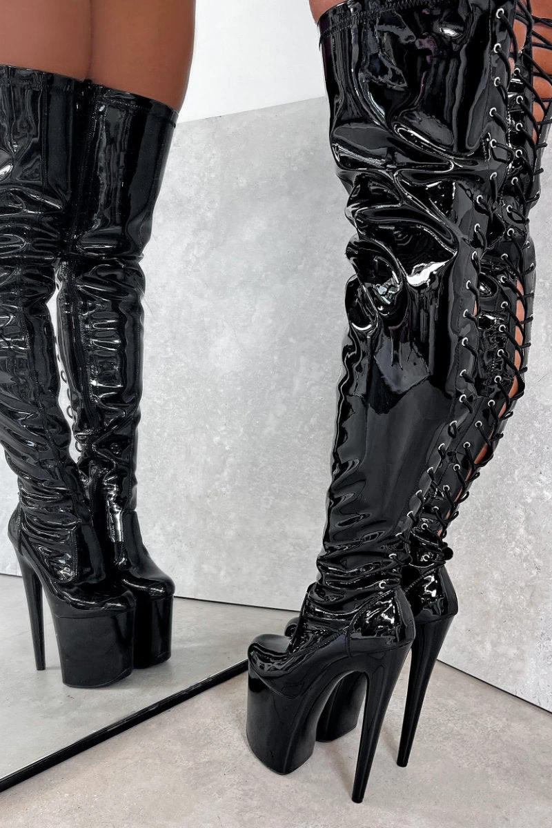 Hella Heels LipKit Thicc Thigh High Back Lace 8inch Boots - Black Beatle 5 Hella Heels LipKit Thicc Thigh High Back Lace 8inch Boots - Black Beatle - Image 3