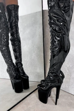 Hella Heels LipKit Thigh High Front Lace 8inch Boots - Black Beatle -Radd Pole Wear Shop BlackBeatleThighHighFrontLace 8INCH3