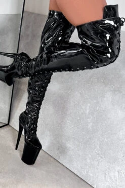 Hella Heels LipKit Thigh High Front Lace 8inch Boots - Black Beatle -Radd Pole Wear Shop BlackBeatleThighHighFrontLace 8INCH4 1