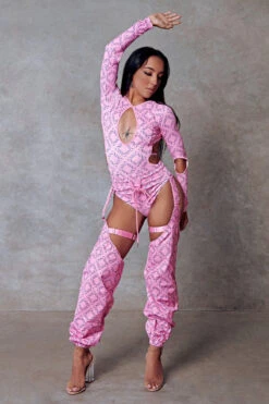 CXIX 119 Plunge Bodysuit - Pink Print 17 CXIX 119 Plunge Bodysuit - Pink Print -Radd Pole Wear Shop Bodysuit Monogram Dancewear Fashion Pink
