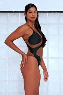 CXIX Silhouette One-Piece Bodysuit - Black With Cocoa Mesh -Radd Pole Wear Shop Cocoa CXIX Shilouette Mesh bodysuit dance poledance 1