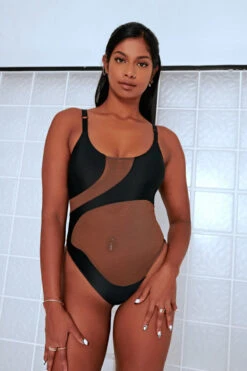 CXIX Silhouette One-Piece Bodysuit - Black With Cocoa Mesh -Radd Pole Wear Shop Cocoa CXIX Shilouette Mesh bodysuit dancewear poledance 1