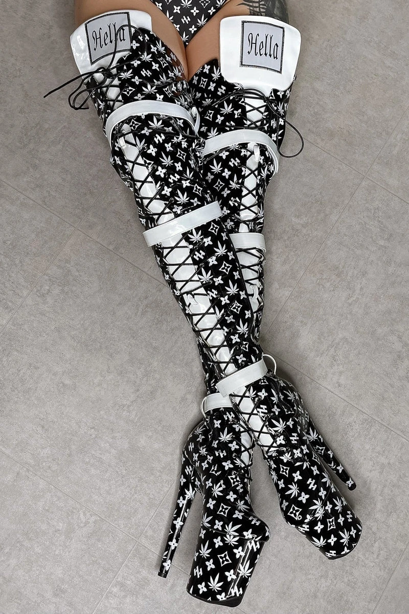 Hella Heels Branded Thigh High 8inch Boots - Black 4 Hella Heels Branded Thigh High 8inch Boots - Black - Image 2