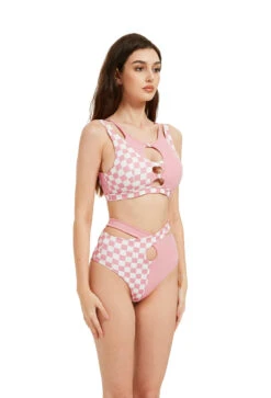 Hamade Activewear Hollow Front Top - Checkered Light Pink -Radd Pole Wear Shop HM 11