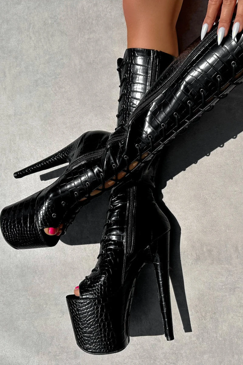 Hella Heels Cold Blooded Black Open Toe Knee High Boots - 8inch 3 Hella Heels Cold Blooded Black Open Toe Knee High Boots - 8inch