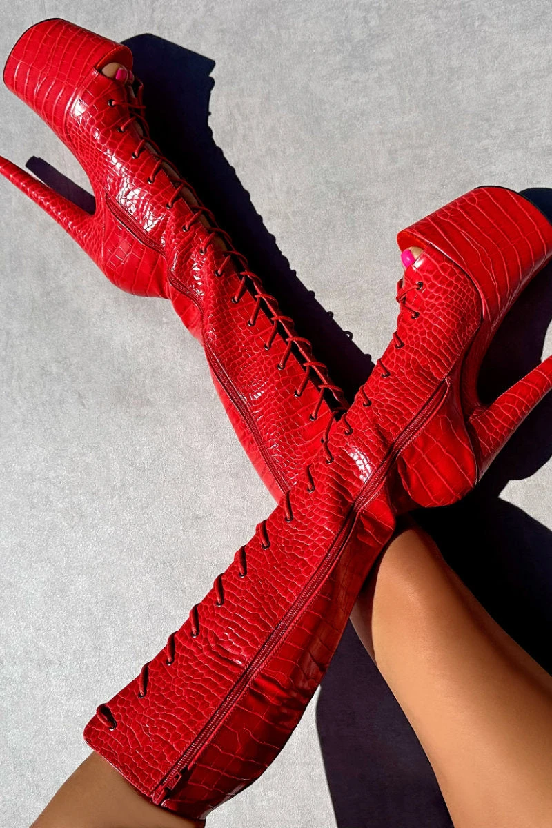 Hella Heels Out For Blood Open Toe Knee High Boots - 8inch 3 Hella Heels Out For Blood Open Toe Knee High Boots - 8inch