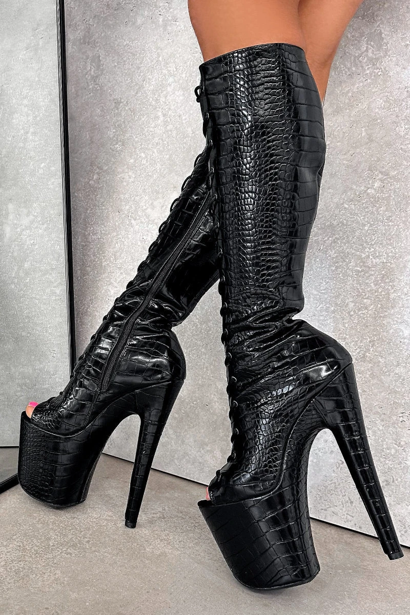 Hella Heels Cold Blooded Black Open Toe Knee High Boots - 8inch 4 Hella Heels Cold Blooded Black Open Toe Knee High Boots - 8inch - Image 2