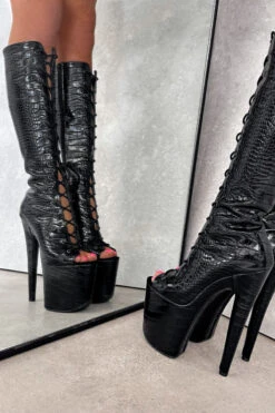 Hella Heels Cold Blooded Black Open Toe Knee High Boots - 8inch 9 Hella Heels Cold Blooded Black Open Toe Knee High Boots - 8inch -Radd Pole Wear Shop IMG 0825