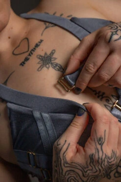 Tatiana Activewear Faye Top - Shiny Gunmetal -Radd Pole Wear Shop TatianaActive FayeGunmetalGreyBlueMetallicHighWaistedPoleWearDancingSet 5931