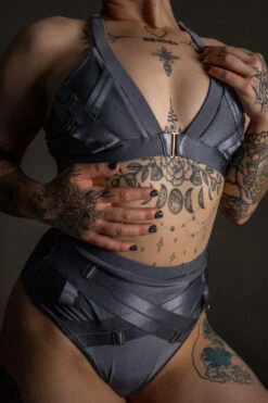 Tatiana Activewear Faye Top - Shiny Gunmetal -Radd Pole Wear Shop TatianaActive FayeGunmetalGreyBlueMetallicHighWaistedPoleWearDancingSet 5935