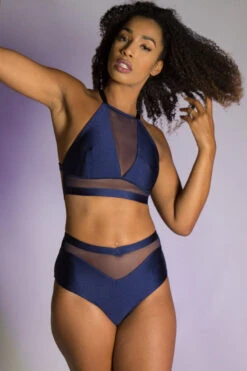 Tatiana Activewear Lucia Top - Shiny Navy 9 Tatiana Activewear Lucia Top - Shiny Navy -Radd Pole Wear Shop TatianaActive LuciaShinyNavyHighWaistedHalterNeckMeshPoleWearSet 4162 1