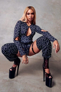 CXIX 119 Plunge Bodysuit - Black Print 12 CXIX 119 Plunge Bodysuit - Black Print -Radd Pole Wear Shop bodysuit CXIX black monogram fashion poledance 119